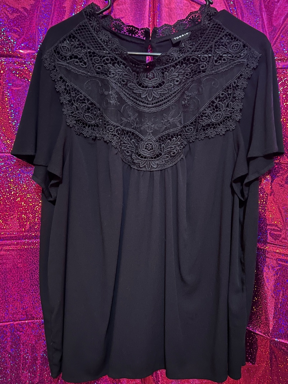 Torrid Black Lace Yoke Flutter Sleeve Top